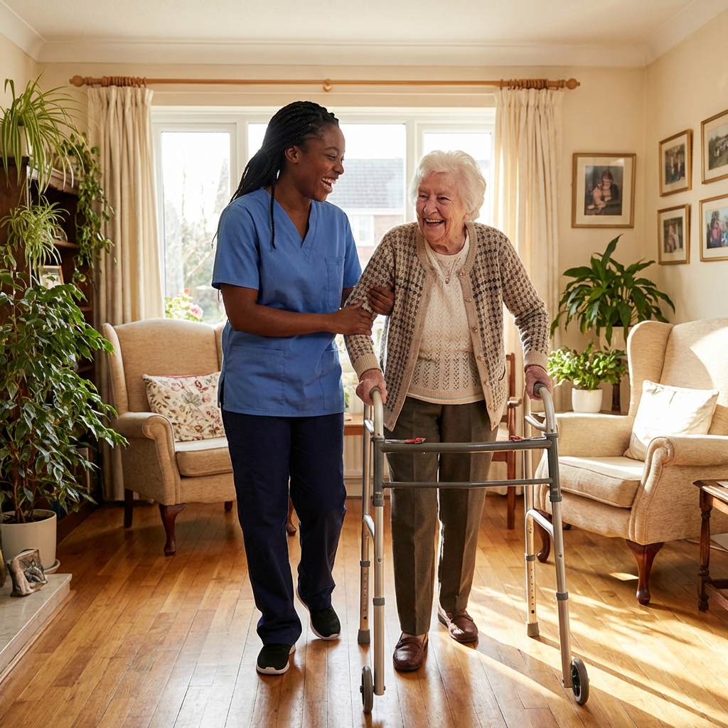 Care worker assisting client with walking