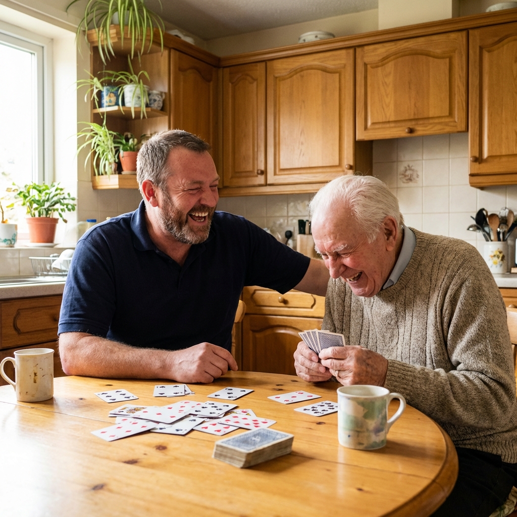 Care worker and client enjoying cards together