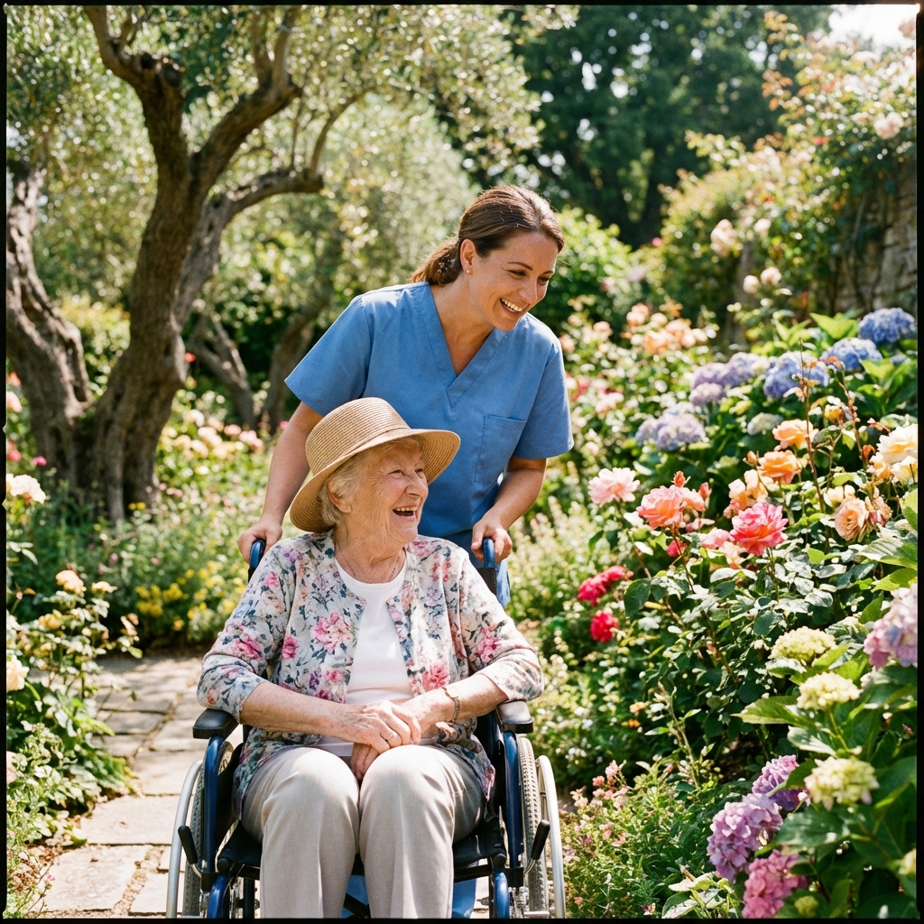 Care worker and client in garden